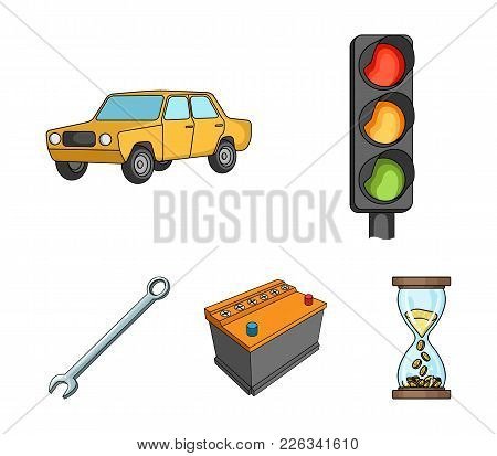 Traffic Light, Old Car, Battery, Wrench, Car Set Collection Icons In Cartoon Style Vector Symbol Sto