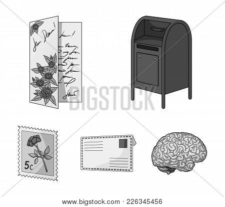 Mailbox, Congratulatory Card, Postage Stamp, Envelope.mail And Postman Set Collection Icons In Monoc