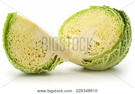 Sliced Savoy Cabbage One Half And Quarter Slice Isolated On White Background Fresh Cut Green