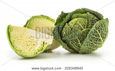 Savoy Cabbage Set Isolated On White Background One Green Head Fresh Cut Half And A Quarter Slice