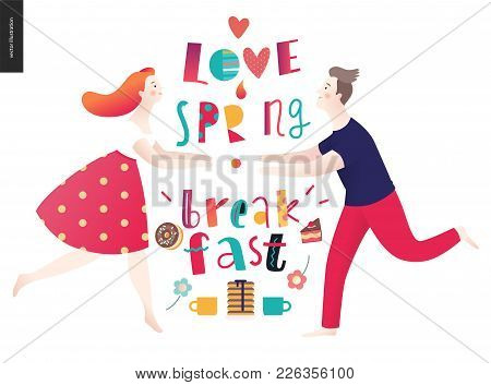 Love, Spring, Breakfast Lettering Composition And A Couple Running Towards To Each Other