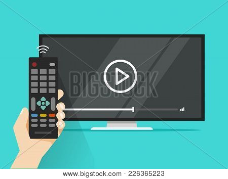 Remote Control In Hand Near Flat Screen Tv Watching Video Film, Cartoon Person Watching Movie Or Fil