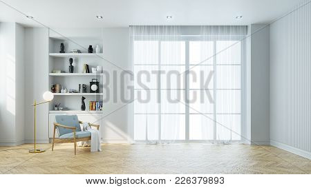 Minimalist  Interior Of Living Room, Blue Armchair Near Gold Lamp And Wood Table  On Parguet Floorin