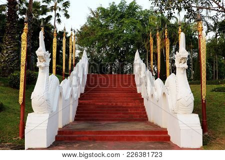 A Traditional Beautiful White Naga Serpent Staircase