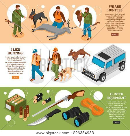 Hunting Information 3 Isometric Horizontal Banners Webpage Design With Gear Equipment Dogs Killed De
