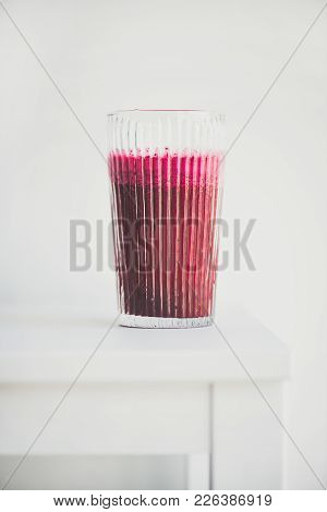 Fresh Morning Beetroot Smoothie Or Juice In Glass, White Background, Copy Space. Healthy Vegan Or Ve