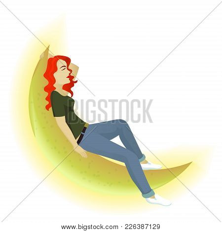 Girl On The Moon Vector Cartoon Illustration