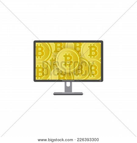 Vector Flat Personal Computer Desktop Monitor With Bitcoins Poster. Mining Crypto Virtual Money Adve