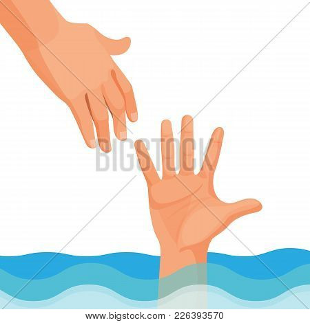 Hand Of Person Who Drowns Stick Out Of Wavy Water And Other Palm That Reaches Out And Tries To Help 