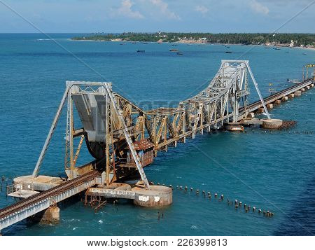 Rameshwaram, India - November, 21st, 2017. View Of Pamban Bridge In Rameshwaram. First Indian Bridge
