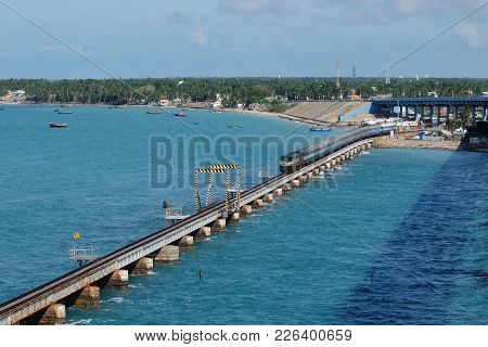 Rameshwaram, India - November, 21st, 2017. View Of Pamban Bridge In Rameshwaram. First Indian Bridge