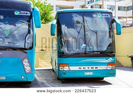 Rethymno, Greece - May 3, 2016: Passenger Intercity And Touristic Comfortable Buses Are Parked In Pa