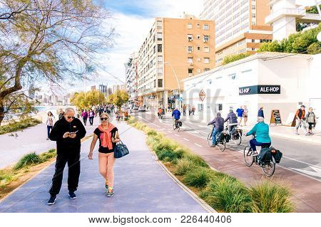 Benidorm, Spain - January 29, 2018: People Enjoying Holiday In Benidorm, Costa Blanca, Spain.
