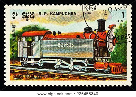 Moscow, Russia - February 12, 2018: A Stamp Printed In Cambodia, Shows Steam Locomotive 231-505 (fra
