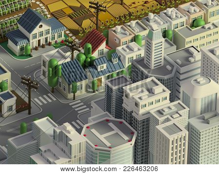3d Rendering Of City Landscape. Low Poly Colorful Background. Isometric Cartoon City Scape. Differen
