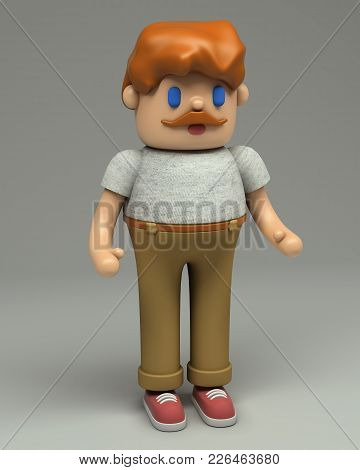 3d Rendering Of Redhead Young Man With Mustache In Grey T-shirt, Beige Pants And Red Sneakers. Carto