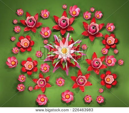 3d Cartoon Stylized Lotus Flowers.  Bright  Pink Blossoms On Green  Background.
