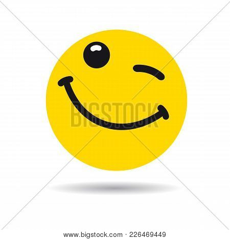 Big Smiling Emoticon Wink Symbol. Winking Yellow Smile In A Flat Design On White Background. Vector 