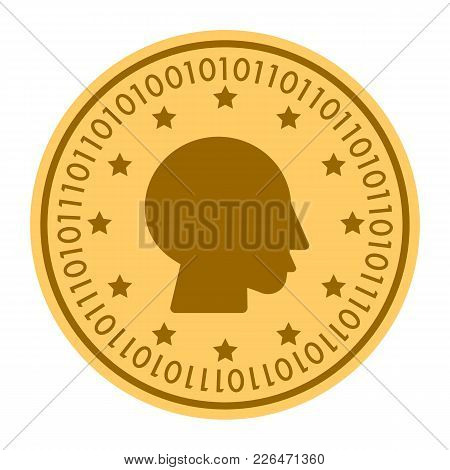 Boy Profile Golden Digital Coin Vector Icon. Gold Yellow Flat Coin Cryptocurrency Symbol Isolated On