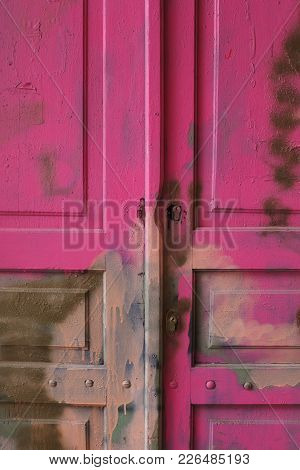 Locked Wooden Old Door, Pink, Ruined, Peeling Color Ethnic Style