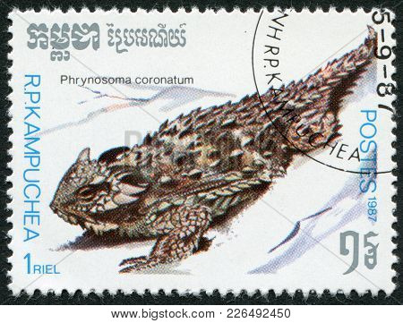 Kampuchea-circa 1987: A Stamp Printed In The Cambodia, Depicts The Coast Horned Lizard (phrynosoma C