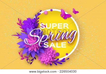 Origami Violet Super Spring Sale Flowers Banner. Butterfly. Paper Cut Floral Card. Spring Blossom. H