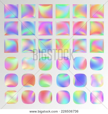 Set Of Holographic Vector Background. Iridescent Foil. Glitch Hologram. Pastel Neon Rainbow. Metalli