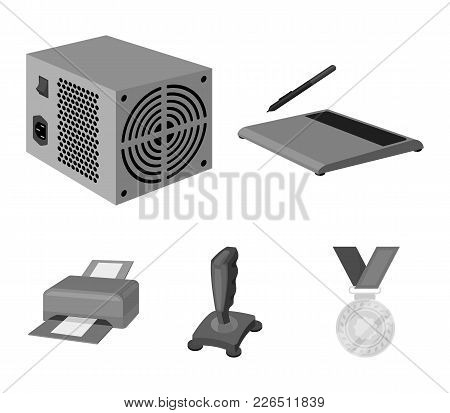 Power Unit, Dzhostik And Other Equipment. Personal Computer Set Collection Icons In Monochrome Style