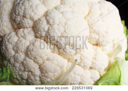 Cauliflower Head Curd Coliflor On Black Reflective Studio Background. Isolated Black Shiny Mirror Mi