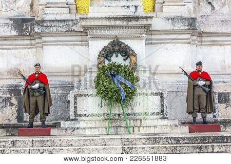 Rome, Italy - January 19, 2017 Tomb Of Unknown Soldier Victor Emanuele Monument Rome Italy.  Monumen