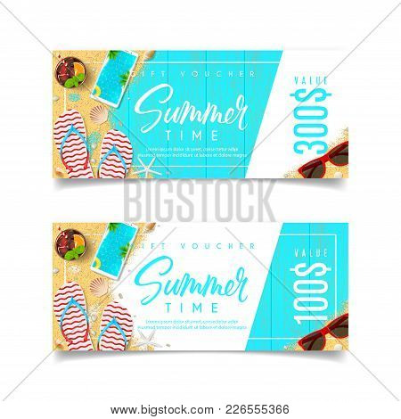 Discount Summer Gift Voucher. Design Of Coupon Usable For Invitation And Ticket. Top View On Holiday