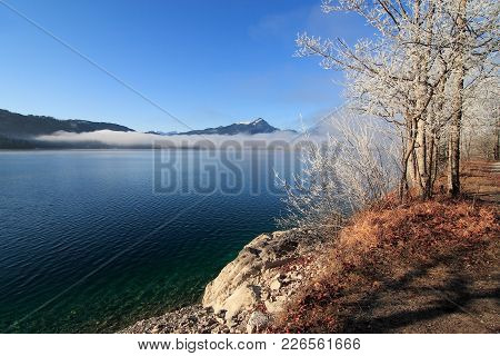 Beautiful Lake In Bavaria With Fog And Frost