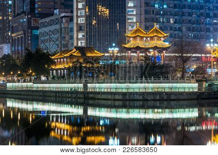 Chengdu, Sichuan Province, China - Feb 11, 2018 : Hejiang Pavilion And Jinjiang River At Night