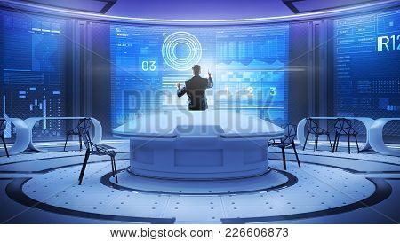 Smart Touch. Rear View Of Professional Male Software Developer Deing Involved In Work While Working 