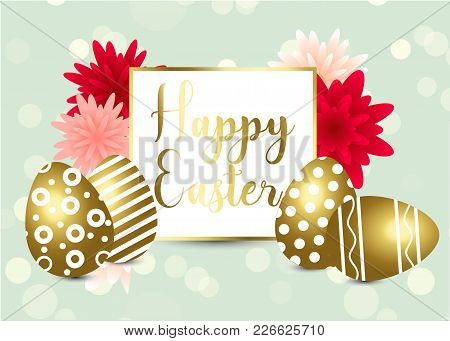 Easter Composition With Realistic Glossy Eggs With Different Patterns, Cookies In The Shape Of Egg, 