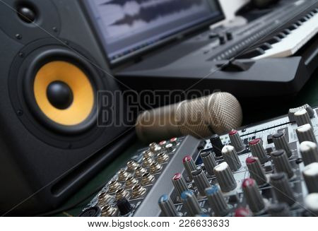 Mixer, Condenser Microphone And Professional Monitor. Concept Of Home Music Studio.