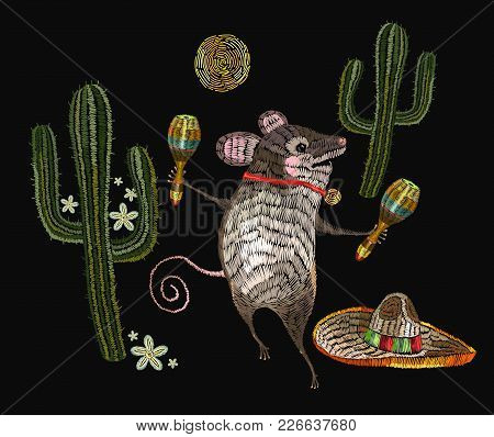 Embroidery Little Mouse Mexican Culture.  Classical Ethnic Embroidery Mouse In Sombrero, Mexican Art