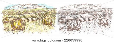 Village Sketch And Nature Retro Engraving Style Vector, Imitation Of Watercolor. Rural Landscape Han