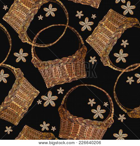 Embroidery Wattled Basket And Flowers. Template For Clothes, Textiles, T-shirt Design