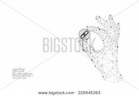 Global Cryptocurrency Gcc Coin Blockchain Link Low Poly Hand. Polygonal Geometric 3d Render Point Li