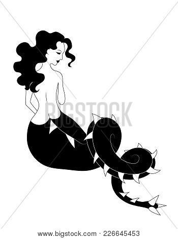 Woman With Snake Tail. Gothic Dark Fantasy. Vector Outline Drawing Black And White Illustration.