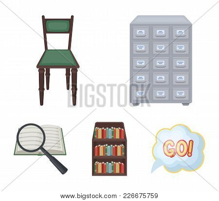 Cabinet With Filing Cabinet, Chair, Shelves, Information Search. Library And Bookstore Set Collectio