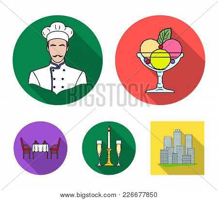 Ice Cream With Fruit, Chef, Candle And Glasses, A Covered Table.restaurant Set Collection Icons In F