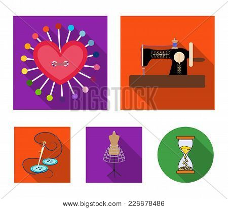 Needle And Thread, Sewing Machine, Pincushion, Dummy For Clothing. Sewing And Equipment Set Collecti