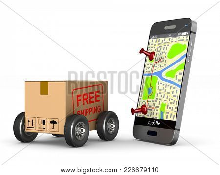 free shipping cargo box with wheel and phone on white background. Isolated 3D illustration