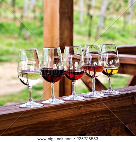 Glasses With Wine. Red, Pink, White Wine In Glasses. Set Of Glasses With Red, White And Rose Wine Ta