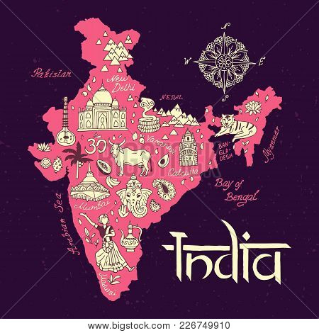 Illustrated  Map Of India. Travel And Attractions.