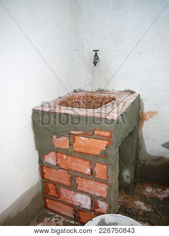 Half Finished Installed Sink On New Sun Terrace In Village House In Alora, Andalusia, Spain