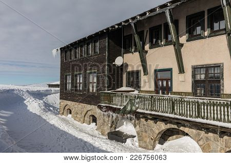 Krkonose, Czech Republic - February 9.2018. Mountain Cottage Lucni Bouda In Krkonose., 1410 M, In Na