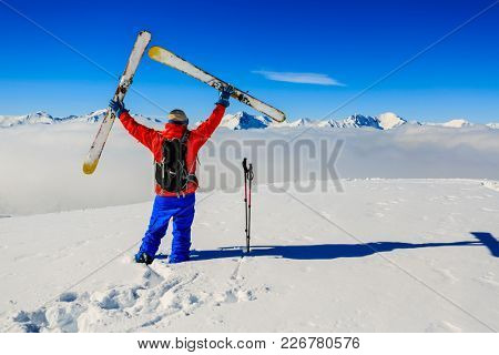 Skiing with amazing view of France famous mountains in beautiful winter in 3 valeys.